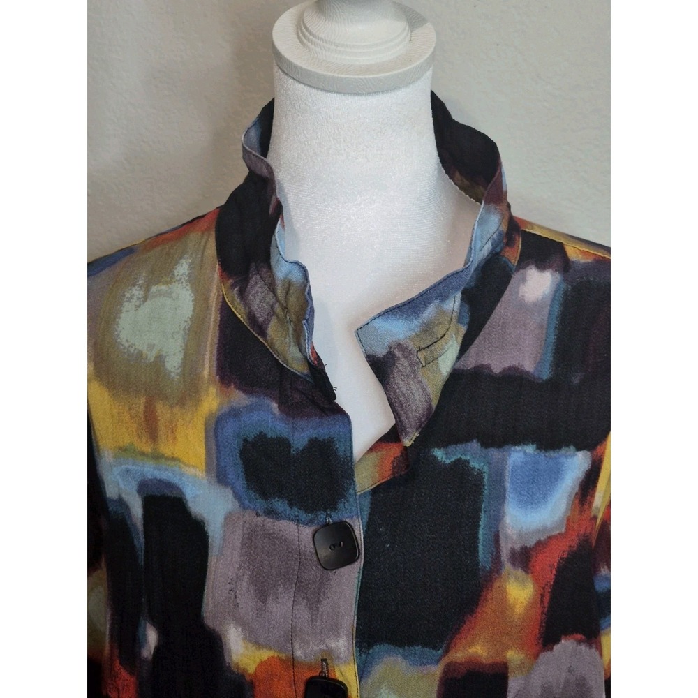 Ali Miles 1X Abstract Print Button Up Shirt Roll Tab Sleeve Artsy Boho Lagenlook - Picture 3 of 6